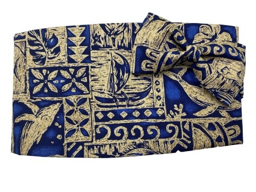 Vintage Navy Hawaiian Motif Cummerbund and Bow Tie Set